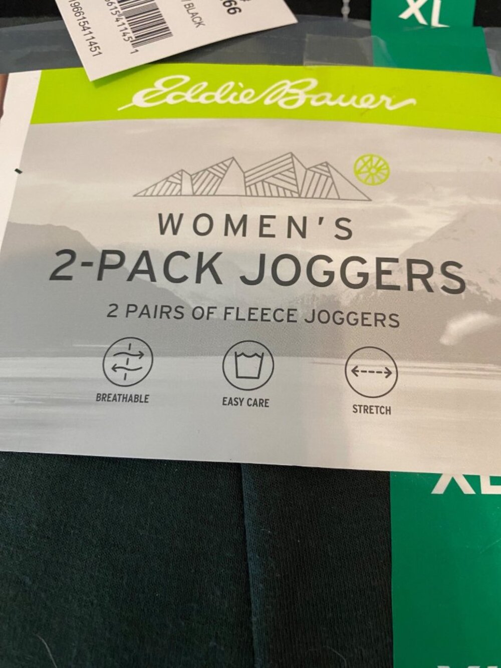 NWT 2 Pairs Eddie Bauer Black & Green Fleece Joggers Breathable Stretch XL - Picture 2 of 3